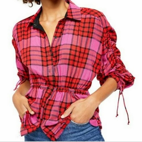 WOMENS FREE PEOPLE RED COMBO BLOUSE RED/PINK SIZE L - Picture 10 of 10